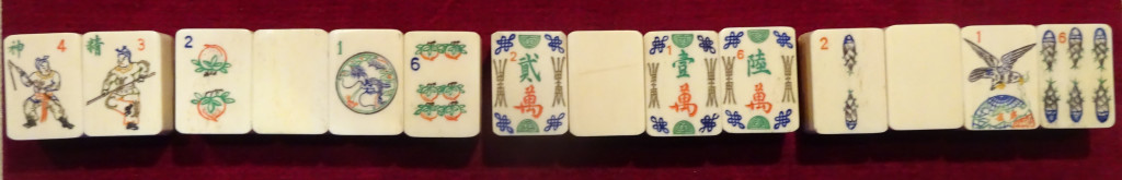 Beautiful Thick Bone and Bamboo tiles, Peach (longevity) Dots with One Dot encircling a coiled Dragon, different longevity symbols on Craks with Bank-style Chinese numbers, Bamboo shoot Bams with hovering hawk symbolizing China's strength